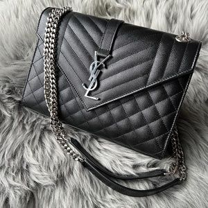 SOLD: YSL Yves Saint Laurent Medium Black Leather Grain De Poudre Envelope Bag